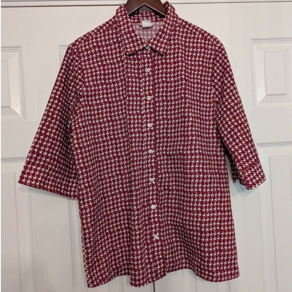 Vintage American Sweetheart Red & White Houndstooth Button-Down Shirt Women's L
